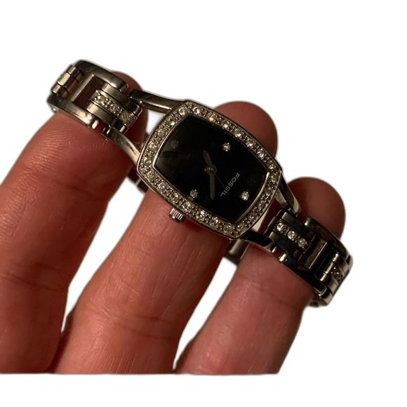 FOSSIL F2 ES-1169 Wrist Watch Rhinestone Square Black Face Silver Tone Women - Picture 6 of 7
